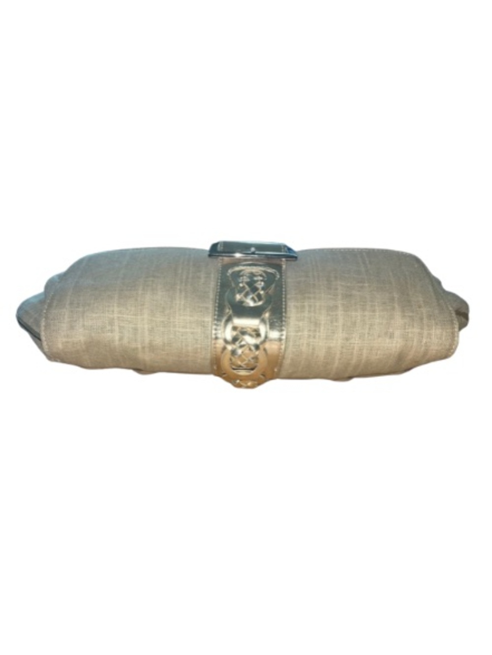 White House Black Market Silver and Tan Linen Braided Buckle Evening Clutch - Picture 6 of 13